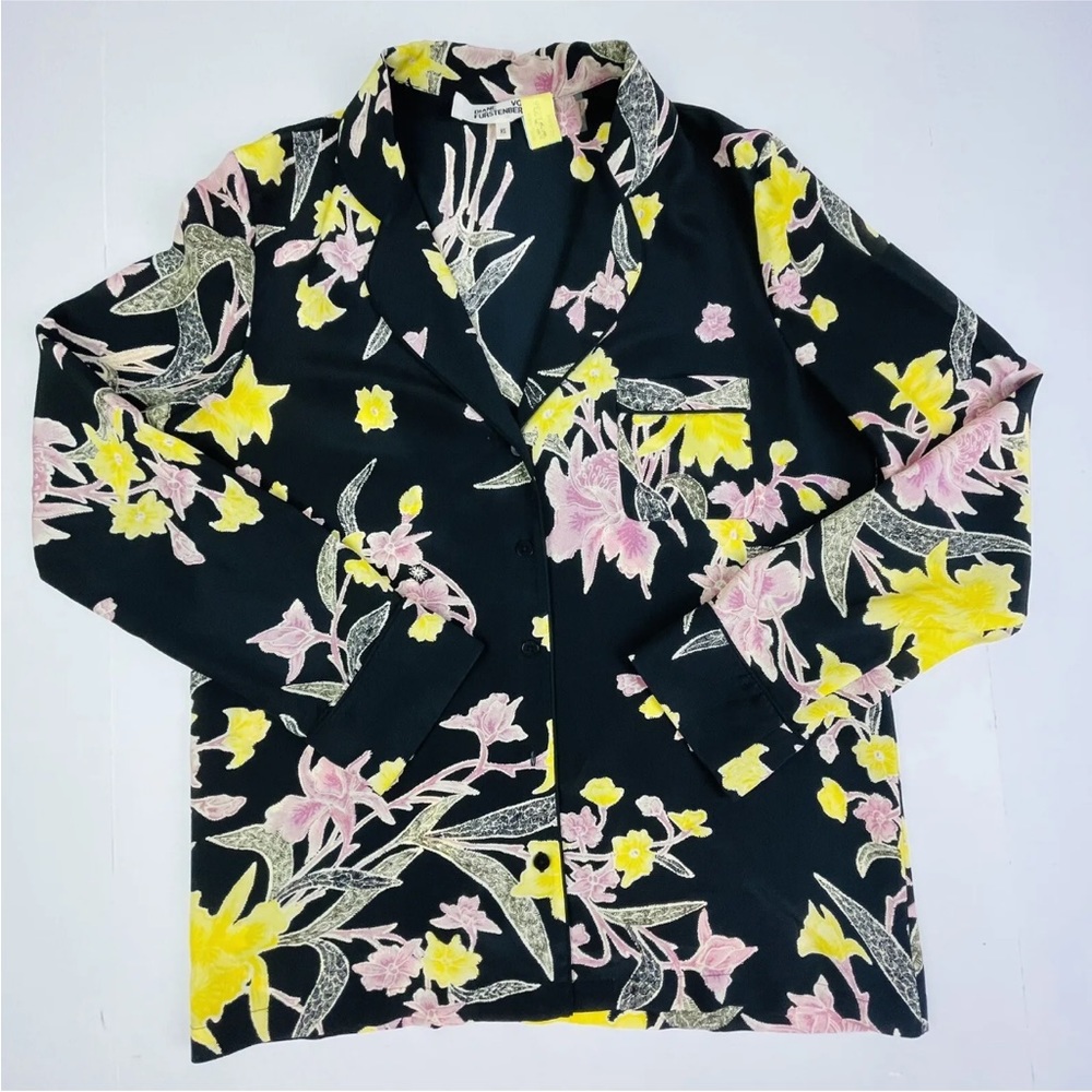 DIANE VON FURSTENBERG 100% Silk Floral Button Blouse XS Floating Bouquet $248